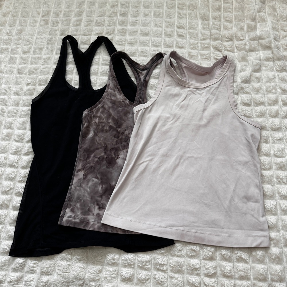 Lululemon 2 LOT of Three Tank Tops Racerback Athletic Black Light Purple